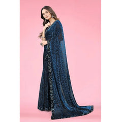 Mayawye Women's Lycra Floral Saree With Unstitched Blouse (Blue, 5.5 Mtr)