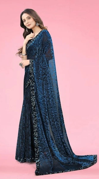 Mayawye Women's Lycra Floral Saree With Unstitched Blouse (Blue, 5.5 Mtr)