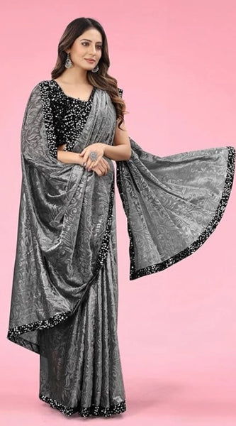 Mayawye Women's Lycra Floral Saree With Unstitched Blouse (Grey, 5.5 Mtr)