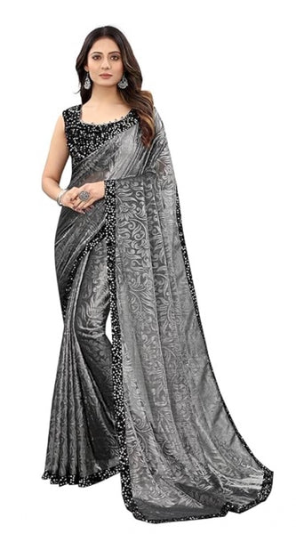 Mayawye Women's Lycra Floral Saree With Unstitched Blouse (Grey, 5.5 Mtr)