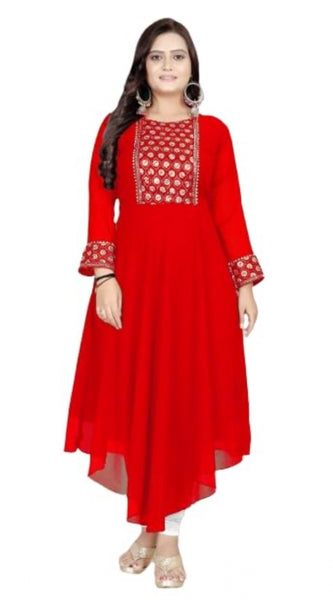 Mayawye Women's Georgette Embroidered Kurti (Red)