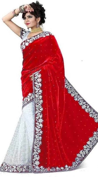 Mayawye Women's Velvet Embroidered Saree With Unstitched Blouse (Red, 5.5 Mtr)