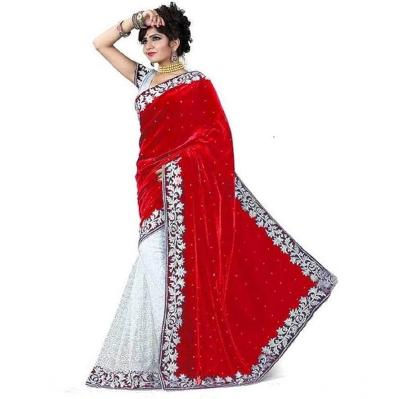 Mayawye Women's Velvet Embroidered Saree With Unstitched Blouse (Red, 5.5 Mtr)