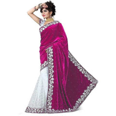 Mayawye Women's Velvet Embroidered Saree With Unstitched Blouse (Pink, 5.5 Mtr)