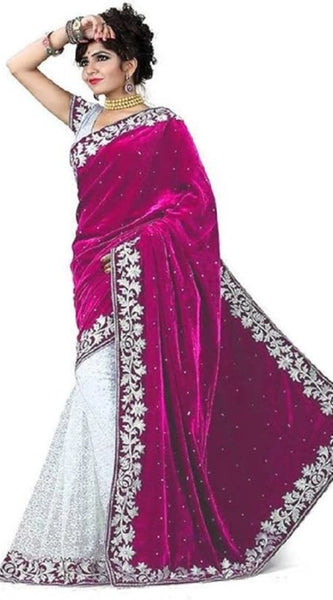 Mayawye Women's Velvet Embroidered Saree With Unstitched Blouse (Pink, 5.5 Mtr)