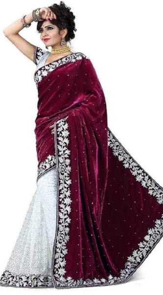 Mayawye Women's Velvet Embroidered Saree With Unstitched Blouse (Maroon, 5.5 Mtr)