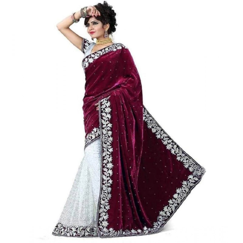 Mayawye Women's Velvet Embroidered Saree With Unstitched Blouse (Maroon, 5.5 Mtr)