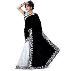 Mayawye Women's Velvet Embroidered Saree With Unstitched Blouse (Black, 5.5 Mtr)