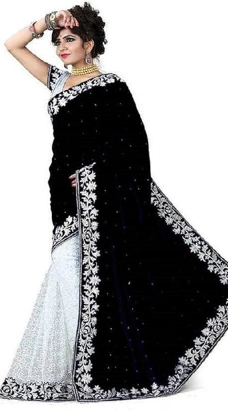 Mayawye Women's Velvet Embroidered Saree With Unstitched Blouse (Black, 5.5 Mtr)