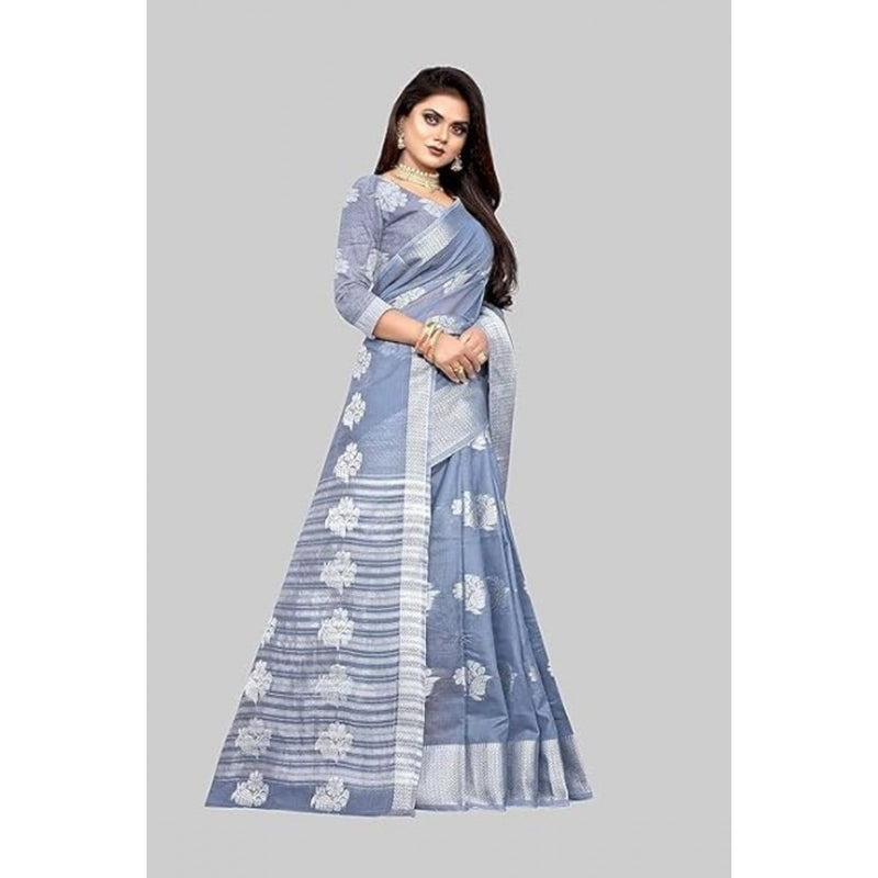 Mayawye Women's Cotton Silk Floral Saree With Unstitched Blouse (Grey, 5.5 Mtr)