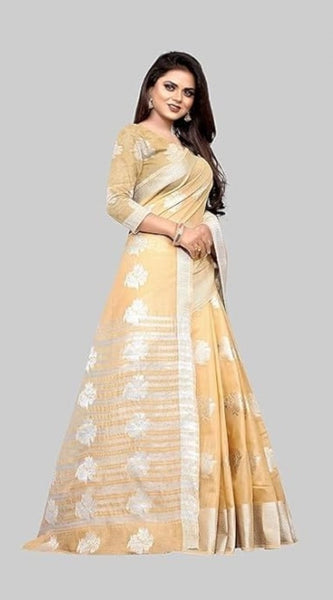 Mayawye Women's Cotton Silk Floral Saree With Unstitched Blouse (Beige, 5.5 Mtr)