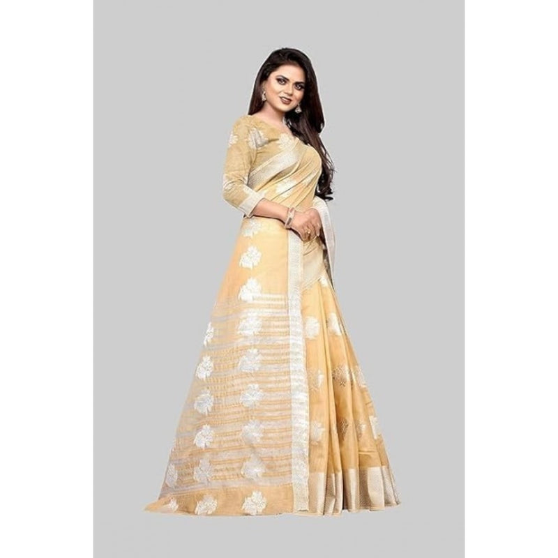 Mayawye Women's Cotton Silk Floral Saree With Unstitched Blouse (Beige, 5.5 Mtr)