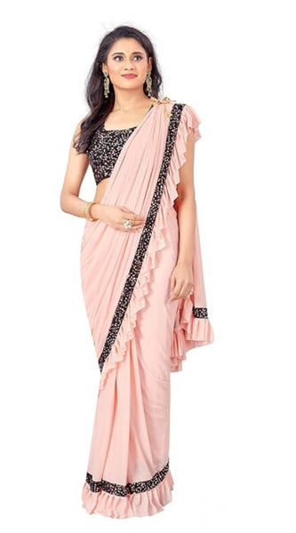 Mayawye Women's Lycra Solid Saree With Unstitched Blouse (Peach, 5.5 Mtr)