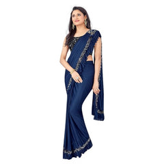 Mayawye Women's Lycra Solid Saree With Unstitched Blouse (Nay Blue, 5.5 Mtr)