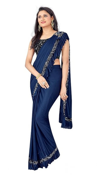 Mayawye Women's Lycra Solid Saree With Unstitched Blouse (Nay Blue, 5.5 Mtr)