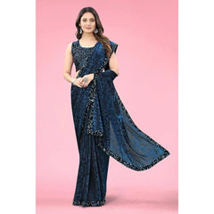 Mayawye Women's Lycra Floral Saree With Unstitched Blouse (Blue, 5.5 Mtr)