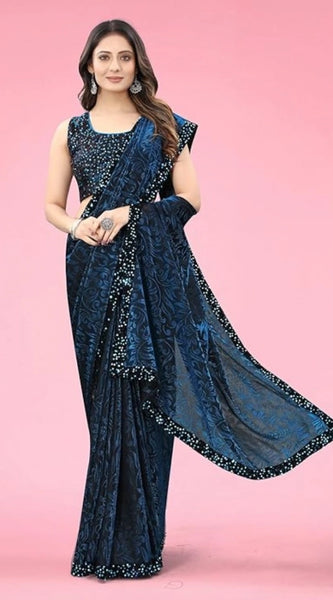 Mayawye Women's Lycra Floral Saree With Unstitched Blouse (Blue, 5.5 Mtr)
