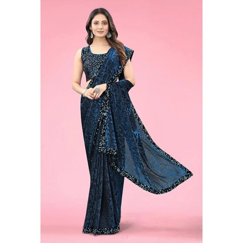 Mayawye Women's Lycra Floral Saree With Unstitched Blouse (Blue, 5.5 Mtr)