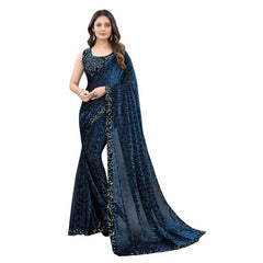 Mayawye Women's Lycra Floral Saree With Unstitched Blouse (Blue, 5.5 Mtr)