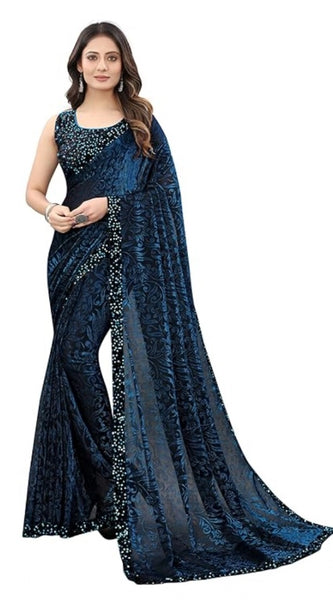 Mayawye Women's Lycra Floral Saree With Unstitched Blouse (Blue, 5.5 Mtr)