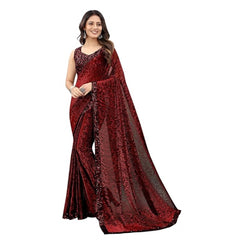 Mayawye Women's Lycra Floral Saree With Unstitched Blouse (Maroon, 5.5 Mtr)