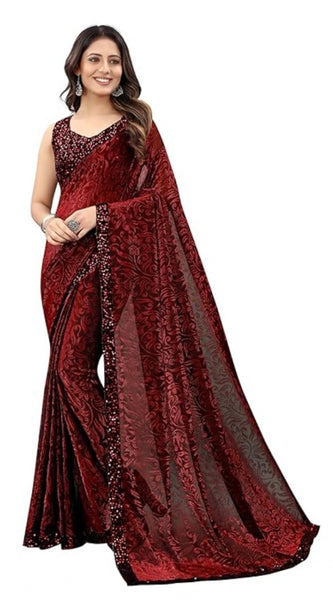 Mayawye Women's Lycra Floral Saree With Unstitched Blouse (Maroon, 5.5 Mtr)