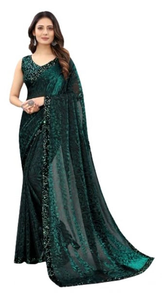 Mayawye Women's Lycra Floral Saree With Unstitched Blouse (Green, 5.5 Mtr)