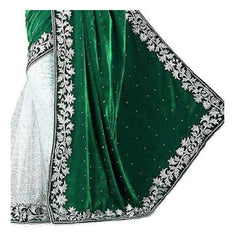 Mayawye Women's Velvet Embroidered Saree With Unstitched Blouse (Green, 5.5 Mtr)