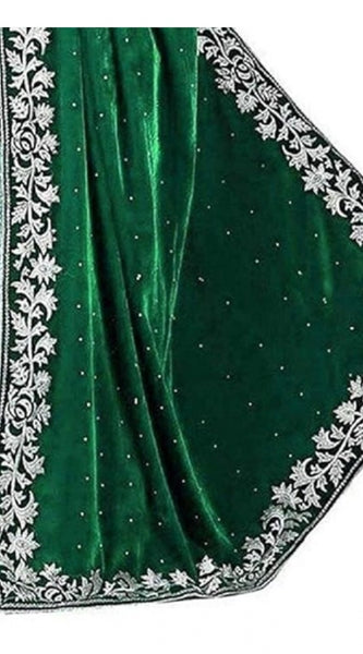 Mayawye Women's Velvet Embroidered Saree With Unstitched Blouse (Green, 5.5 Mtr)