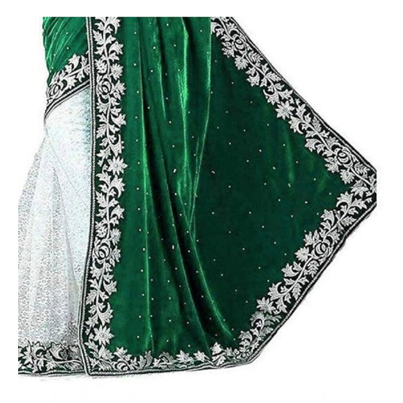 Mayawye Women's Velvet Embroidered Saree With Unstitched Blouse (Green, 5.5 Mtr)