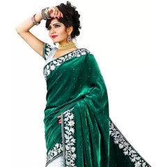 Mayawye Women's Velvet Embroidered Saree With Unstitched Blouse (Green, 5.5 Mtr)