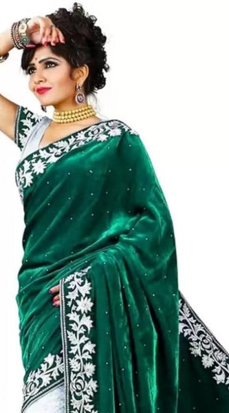 Mayawye Women's Velvet Embroidered Saree With Unstitched Blouse (Green, 5.5 Mtr)