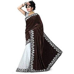 Mayawye Women's Velvet Embroidered Saree With Unstitched Blouse (Brown, 5.5 Mtr)