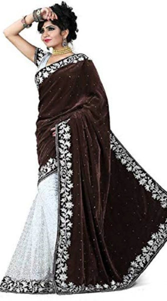 Mayawye Women's Velvet Embroidered Saree With Unstitched Blouse (Brown, 5.5 Mtr)