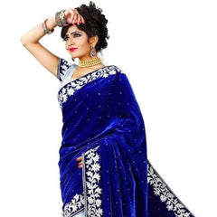 Mayawye Women's Velvet Embroidered Saree With Unstitched Blouse (Blue, 5.5 Mtr)
