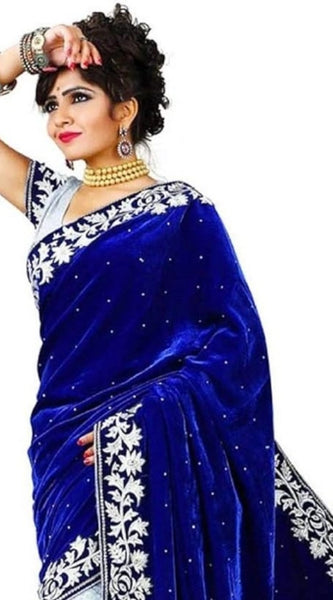 Mayawye Women's Velvet Embroidered Saree With Unstitched Blouse (Blue, 5.5 Mtr)