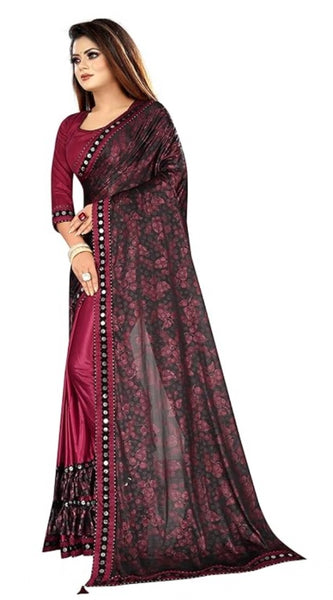 Mayawye Women's Lycra Solid Saree With Unstitched Blouse (Maroon, 5.5 Mtr)