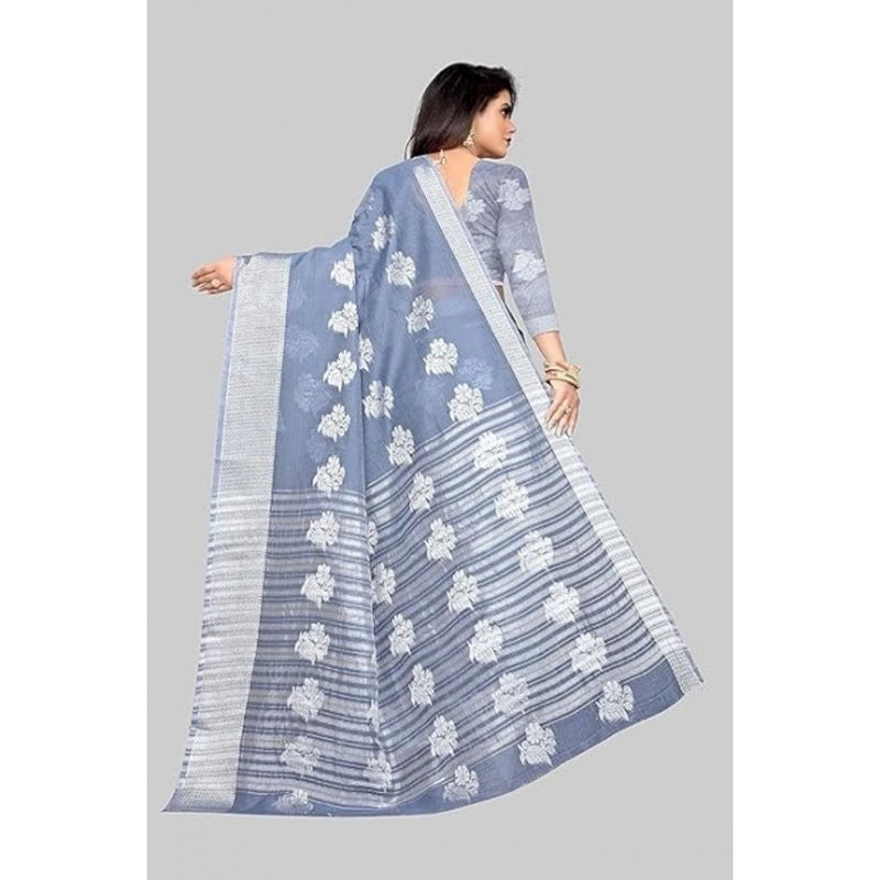 Mayawye Women's Cotton Silk Floral Saree With Unstitched Blouse (Grey, 5.5 Mtr)