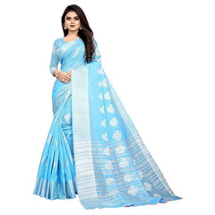Mayawye Women's Cotton Silk Floral Saree With Unstitched Blouse (Rama, 5.5 Mtr)