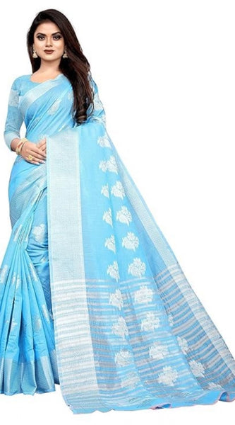 Mayawye Women's Cotton Silk Floral Saree With Unstitched Blouse (Rama, 5.5 Mtr)