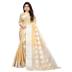 Mayawye Women's Cotton Silk Floral Saree With Unstitched Blouse (Beige, 5.5 Mtr)