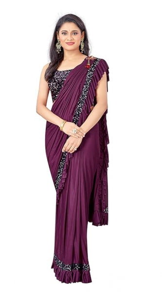 Mayawye Women's Lycra Solid Saree With Unstitched Blouse (Wine, 5.5 Mtr)