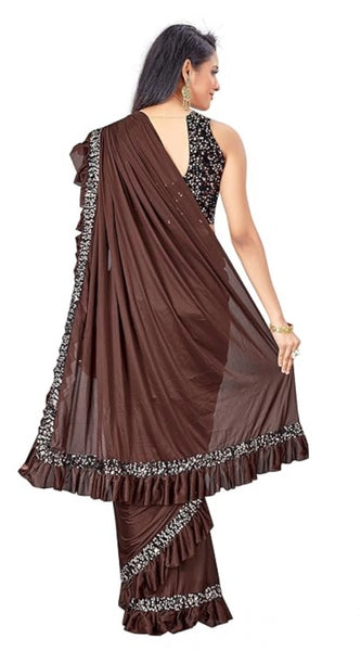 Mayawye Women's Lycra Solid Saree With Unstitched Blouse (Brown, 5.5 Mtr)