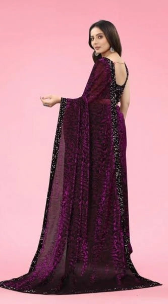 Mayawye Women's Lycra Floral Saree With Unstitched Blouse (Wine, 5.5 Mtr)