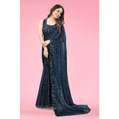 Mayawye Women's Lycra Floral Saree With Unstitched Blouse (Blue, 5.5 Mtr)
