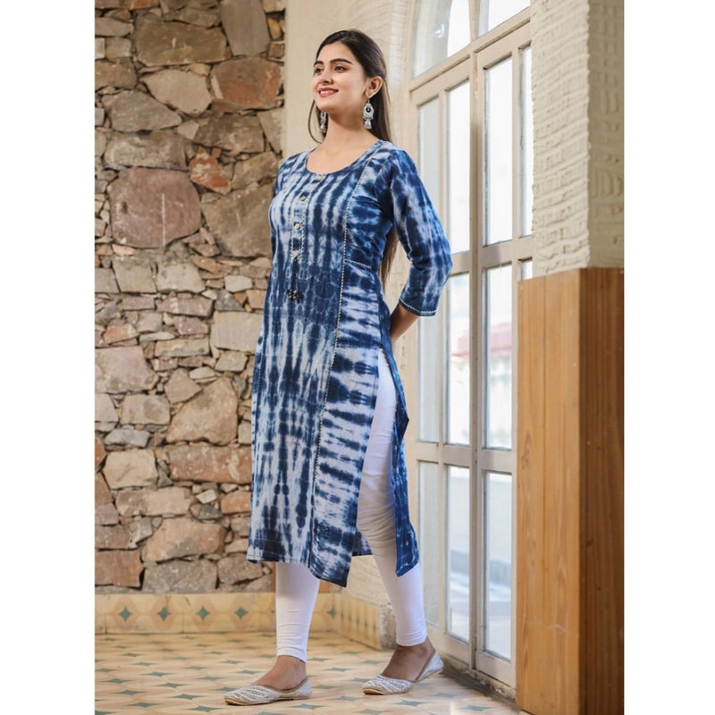 Mayawye Women's Cotton Dyed 3/4 Sleeve Round Neck Kurti (Blue)