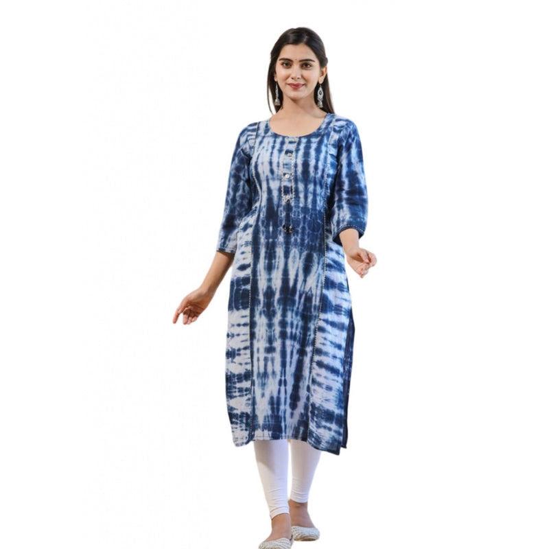 Mayawye Women's Cotton Dyed 3/4 Sleeve Round Neck Kurti (Blue)