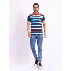 Mayawye Men's Casual Cotton Printed Polo Neck Half Sleeve T-Shirt (Navy)