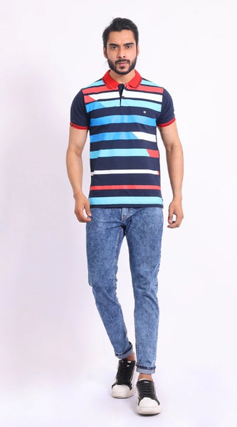 Mayawye Men's Casual Cotton Printed Polo Neck Half Sleeve T-Shirt (Navy)