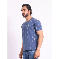 Mayawye Men's Casual Cotton Printed Round Neck Half Sleeve T-Shirt (Blue)